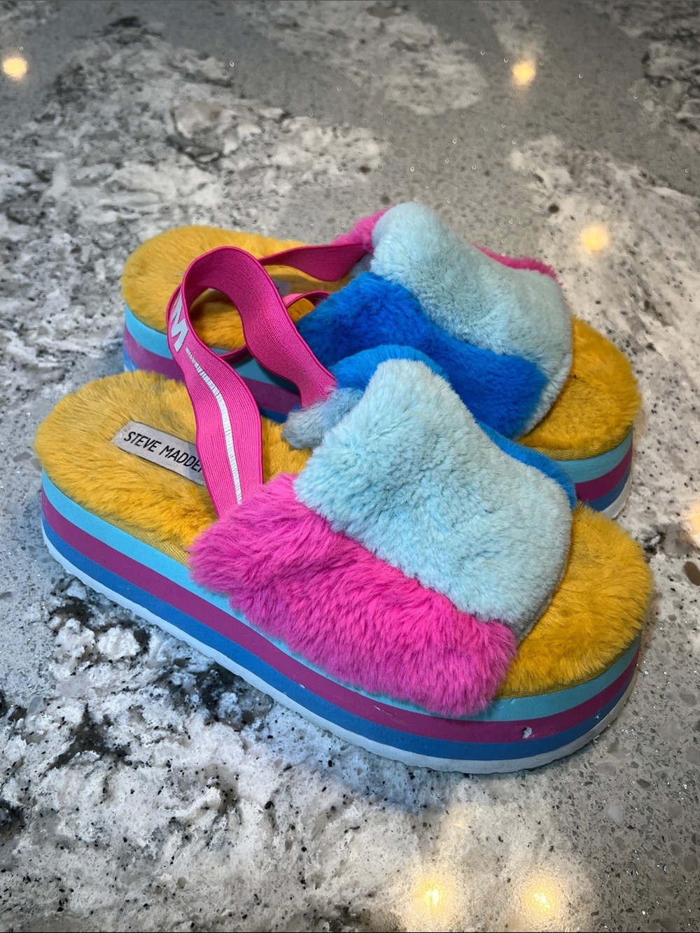 Steve Madden Alvaro Multi-Color Faux Fur Platform Slides Size 8